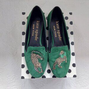 Kate Spade New York Green Suede Leopard embroidered smoking loafers